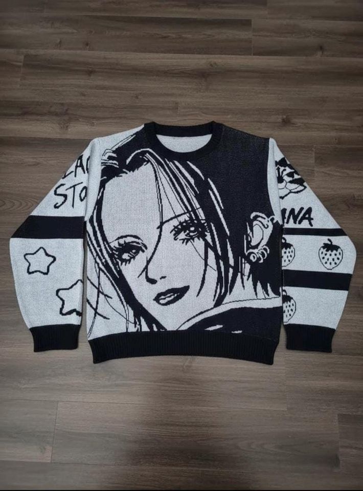 Nana Osaki and Hachi Japanese Knitted Sweater Graphic Anime Design Oversized Stones Knit Black Sweatshirt Handmade Knit Nana Sweaters