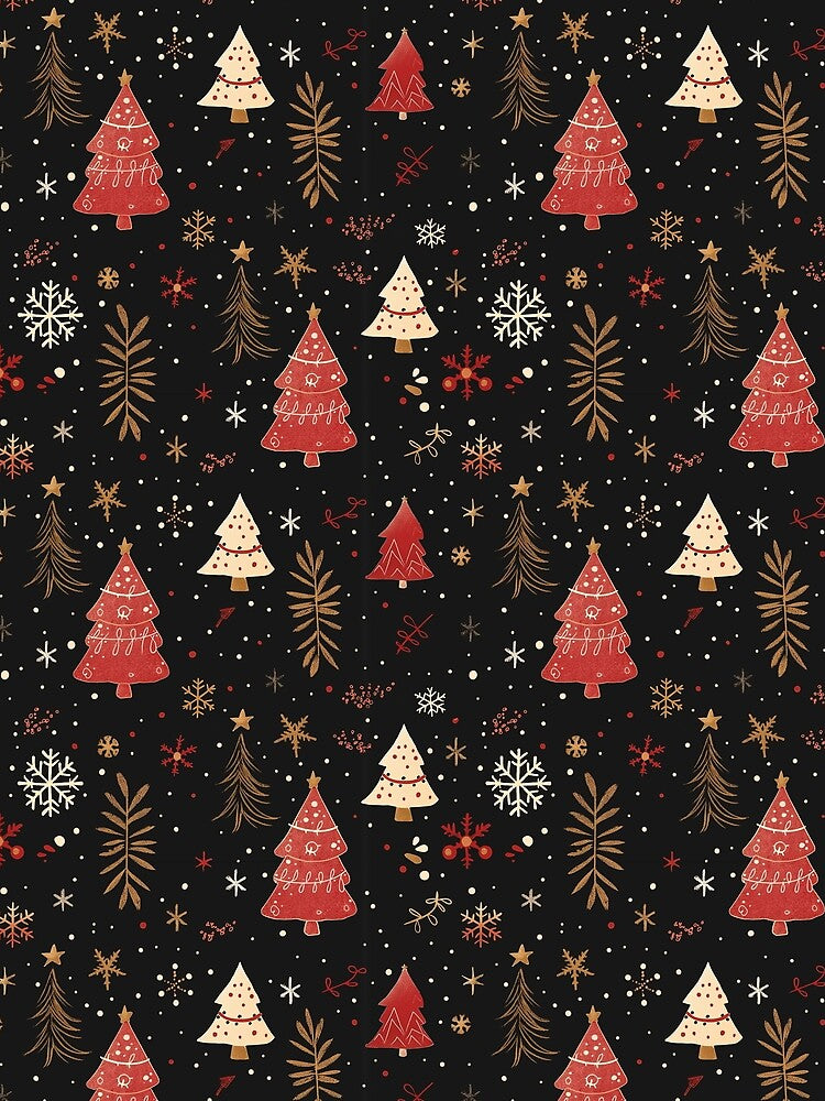 Festive Christmas Trees and Snowflakes on Black Seamless Pattern by Teeny Quities