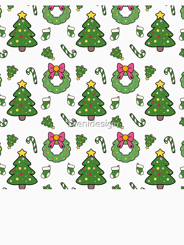 Cute Kawaii Christmas Seamless Pattern with Tree, Wreath and Candy Cane – Holiday Decor Design. by Teenidesign