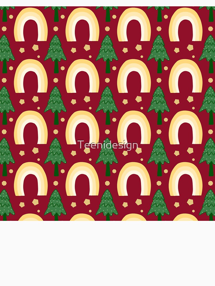 Yellow Rainbow & Christmas Tree Pattern on Red Background by Teenidesign