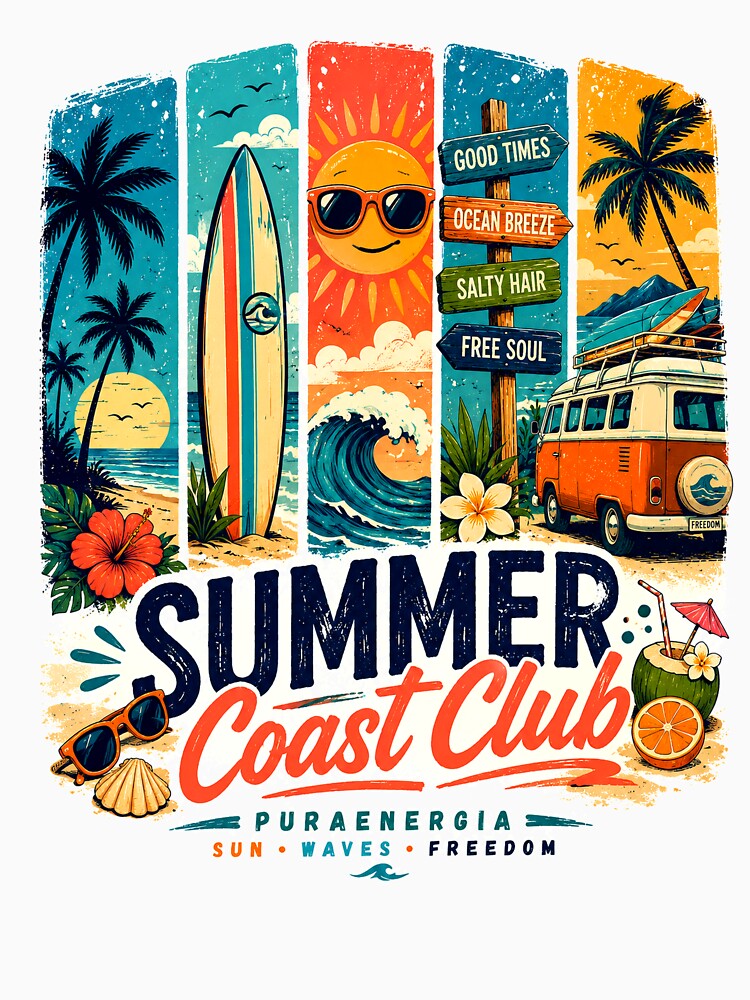 Summer Coast Club PuraEnergia T-Shirt by Puraenergia Stickers