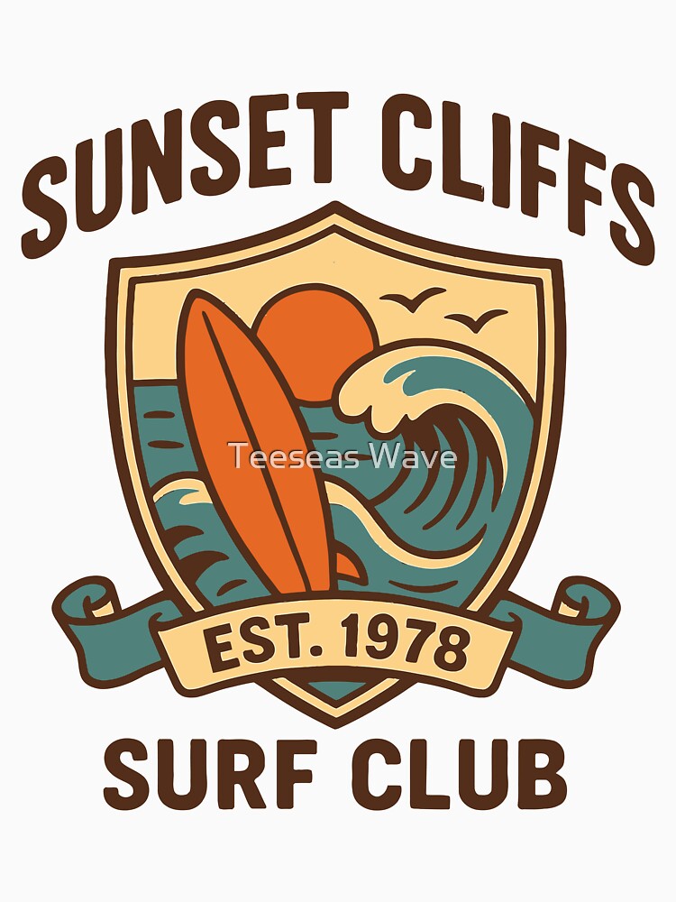Sunset Cliffs Surf Club - Retro 70s Beach Badge by Teeseas Wave
