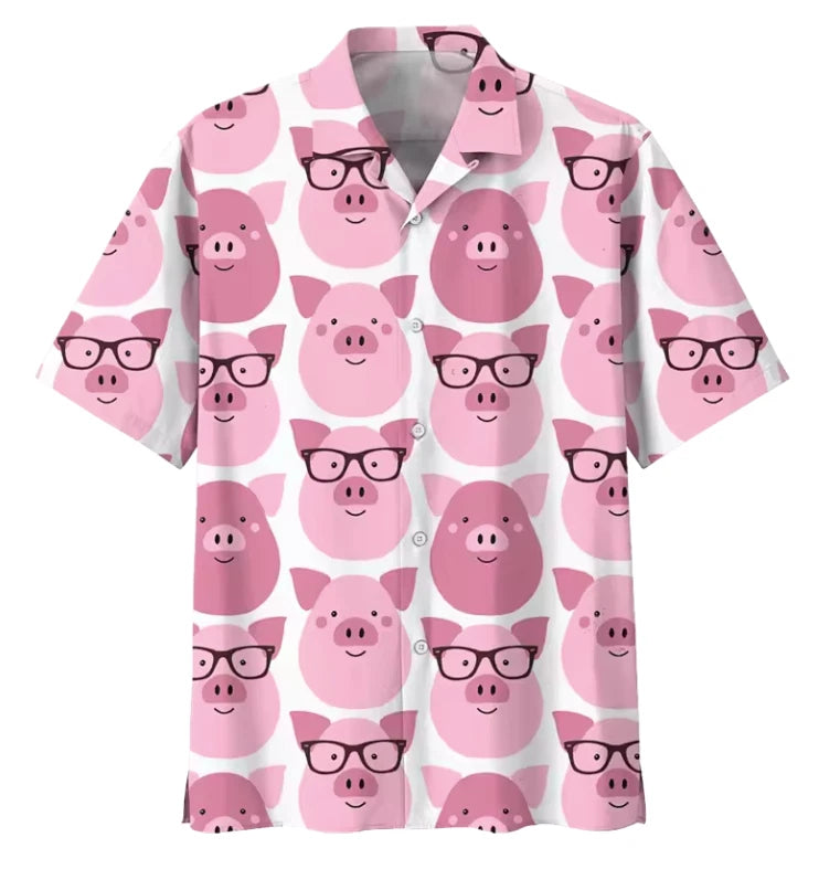 Mens Button Down Shirts Funny Pig Animal Printed Hawaiian Tops Novelty Ugly Gift