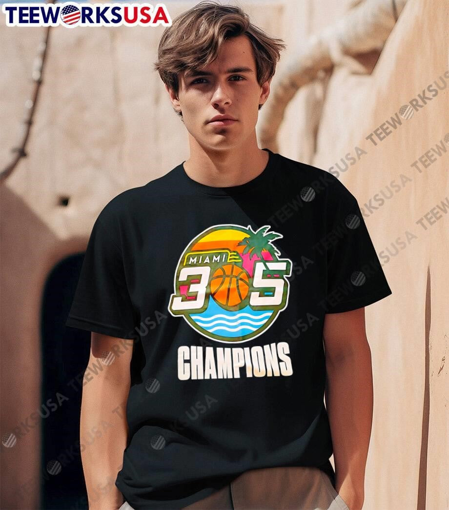 Miami 305 Champions Basketball Palm Tree Sunset Men’s T-Shirt