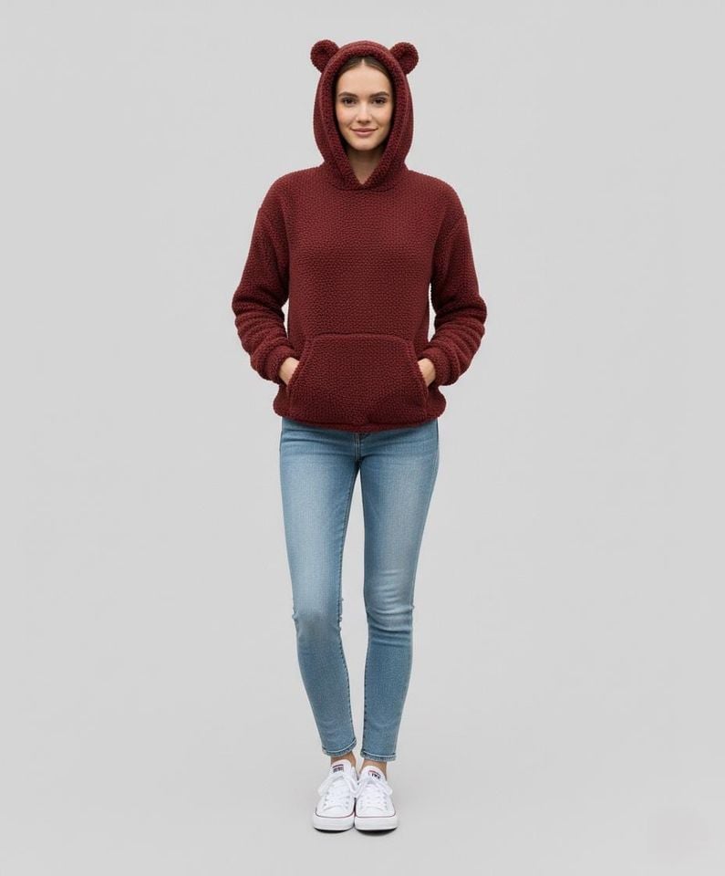 Teddy Fleece Hoodie, Ear Hood, Cozy Pullover Sweatshirt