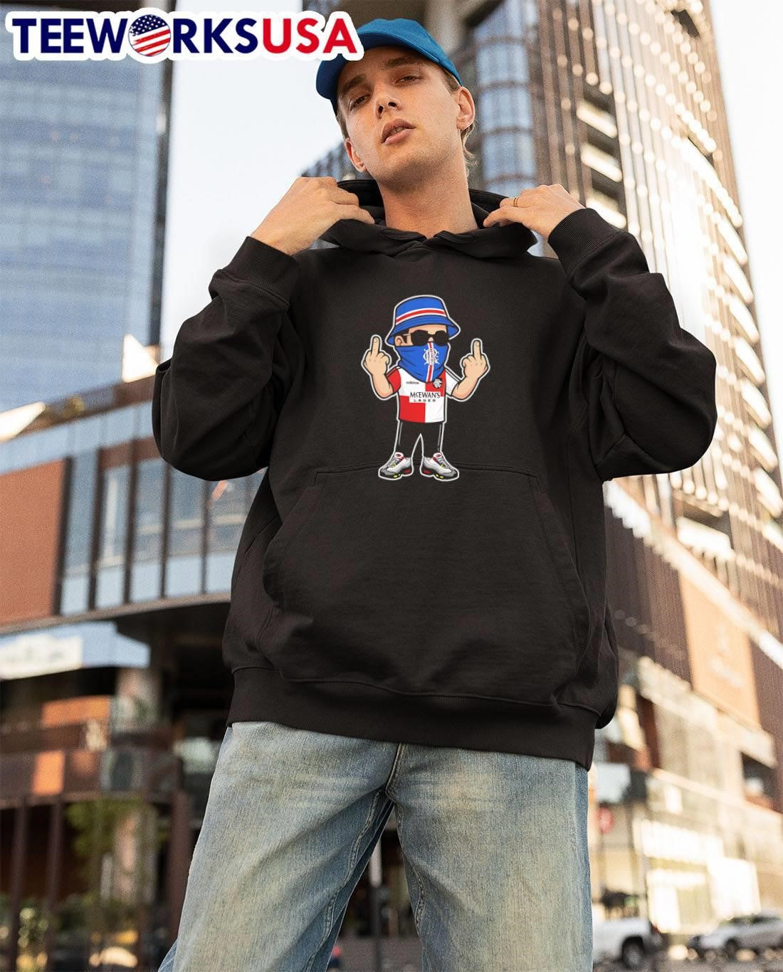 Rangers Fan Streetwear’ Football Ultra Flipping Off McEwans Lager T-Shirt