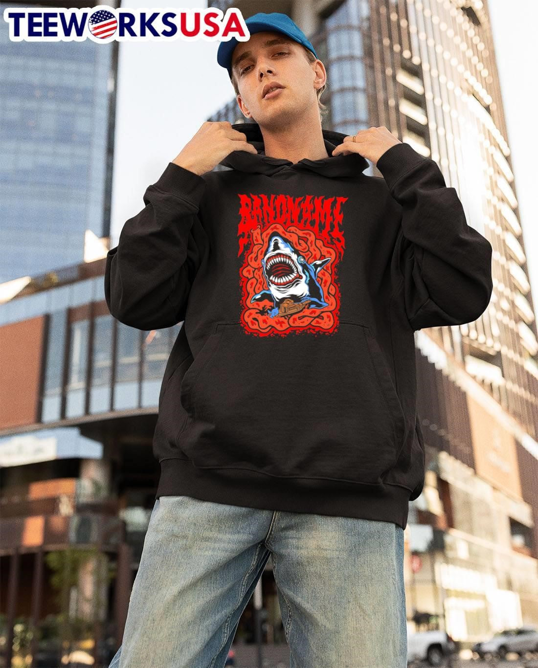 Bandname Hungry Shark Attacking Boat Horror Movie Inspired T-Shirt