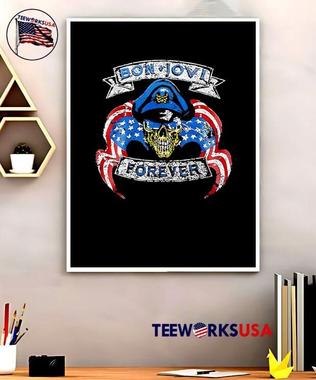 Bon Jovi Forever Skull Wearing Military Hat American Flag Graphic shirt