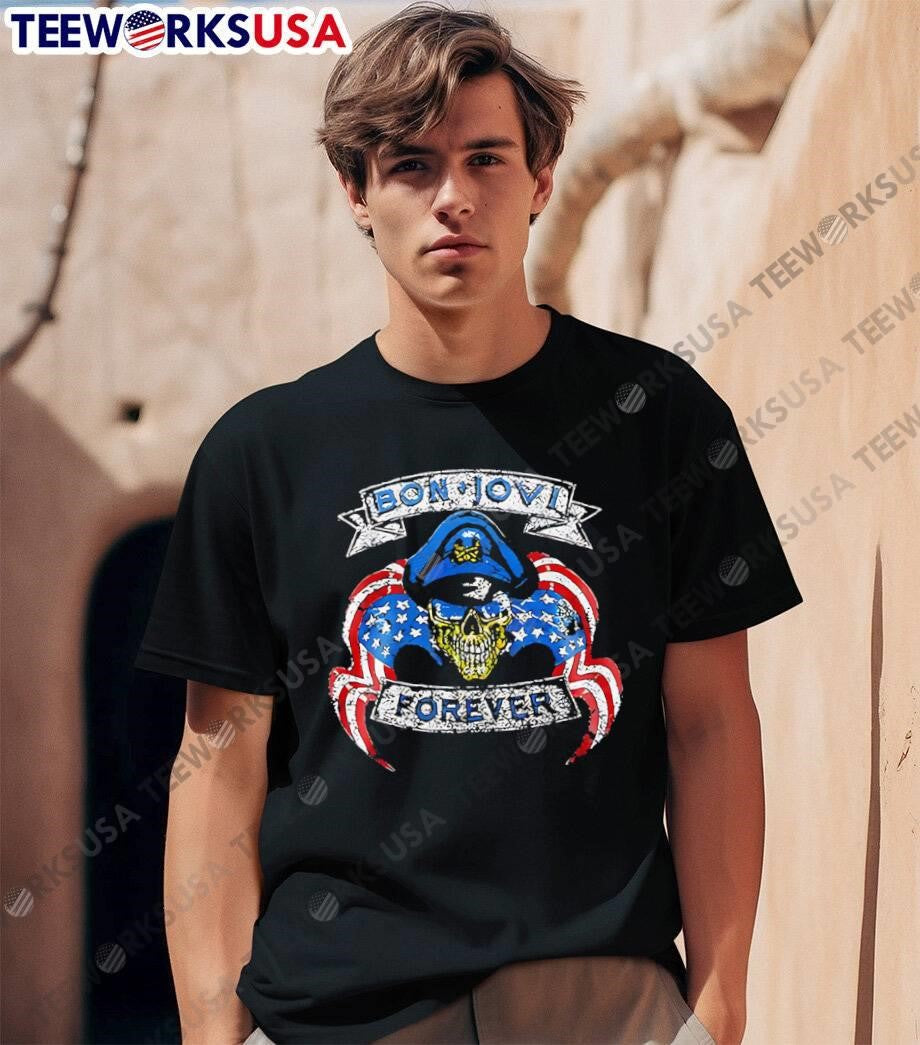 Bon Jovi Forever Skull Wearing Military Hat American Flag Graphic shirt
