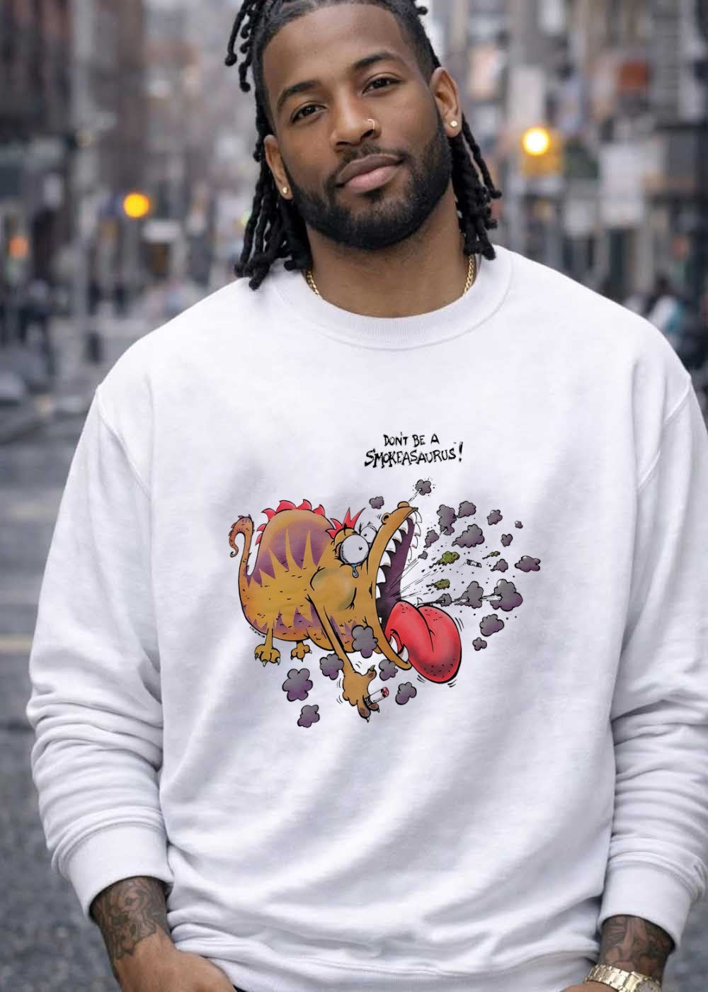 Buttoutz Don’t Be a Smokeasaurus Smoking Dinosaur Cartoon T-Shirt