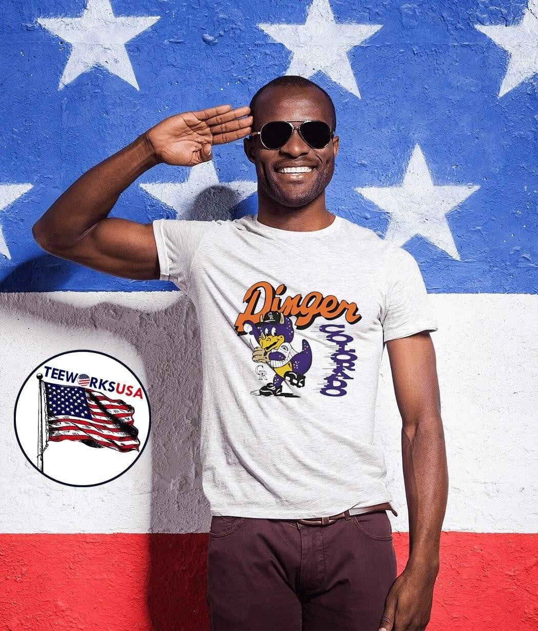 CR Dinger Baseball Mascot Swinging Bat Dinger Colorado T-Shirt