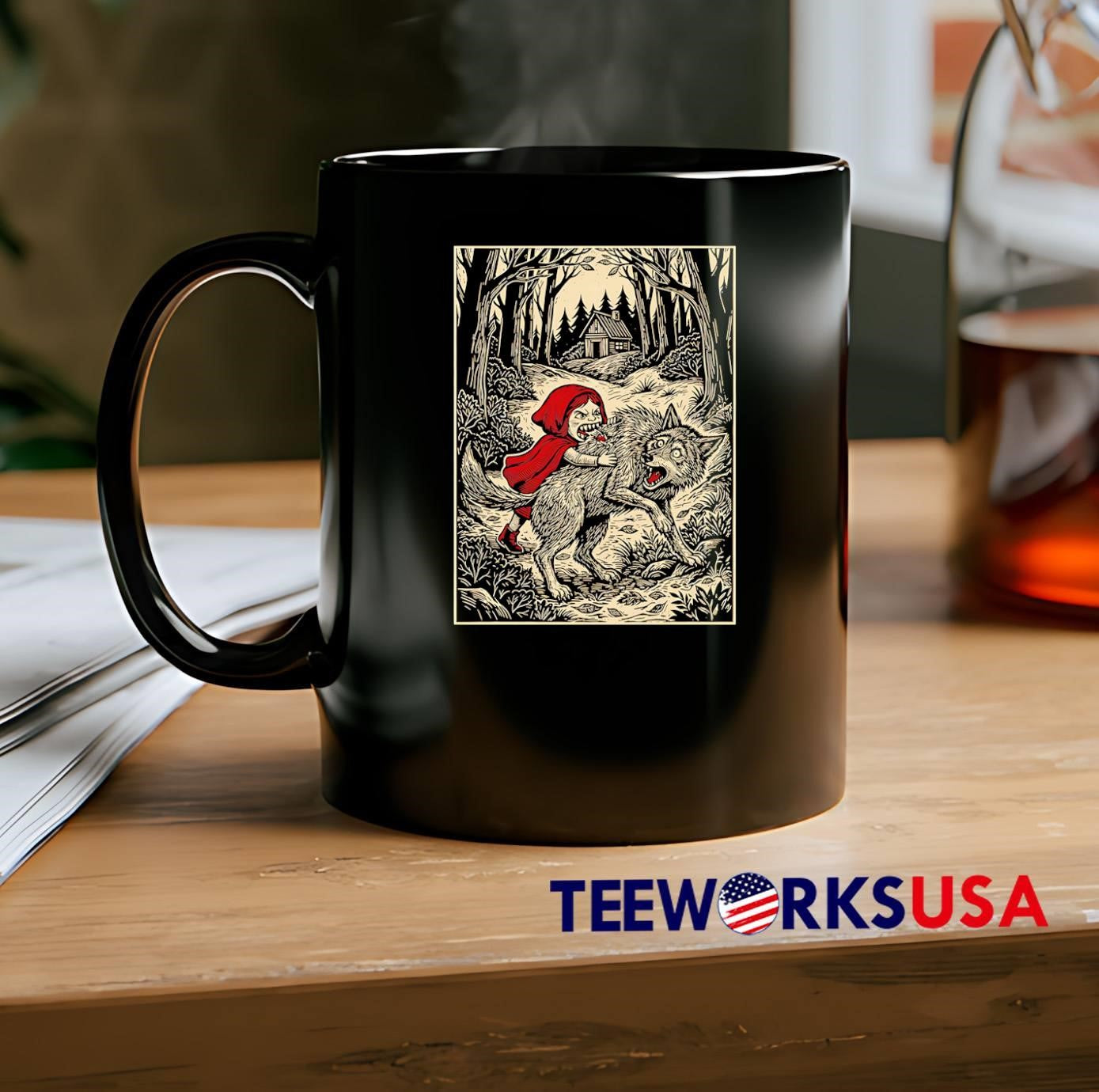Little Red Riding Hood Eating The Wolf Forest Cabin Horror Graphic T-Shirt