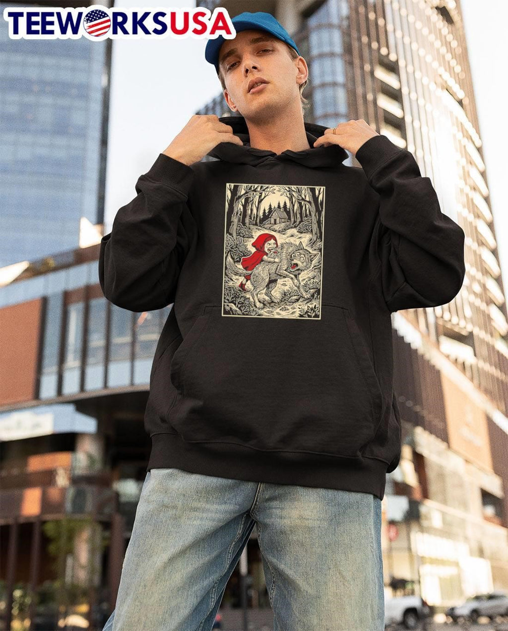 Little Red Riding Hood Eating The Wolf Forest Cabin Horror Graphic T-Shirt