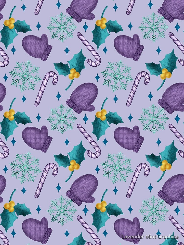 Christmas Pattern with Purple Mittens, Candy Canes, Snowflakes, Holly by Lavender Mint Graphics