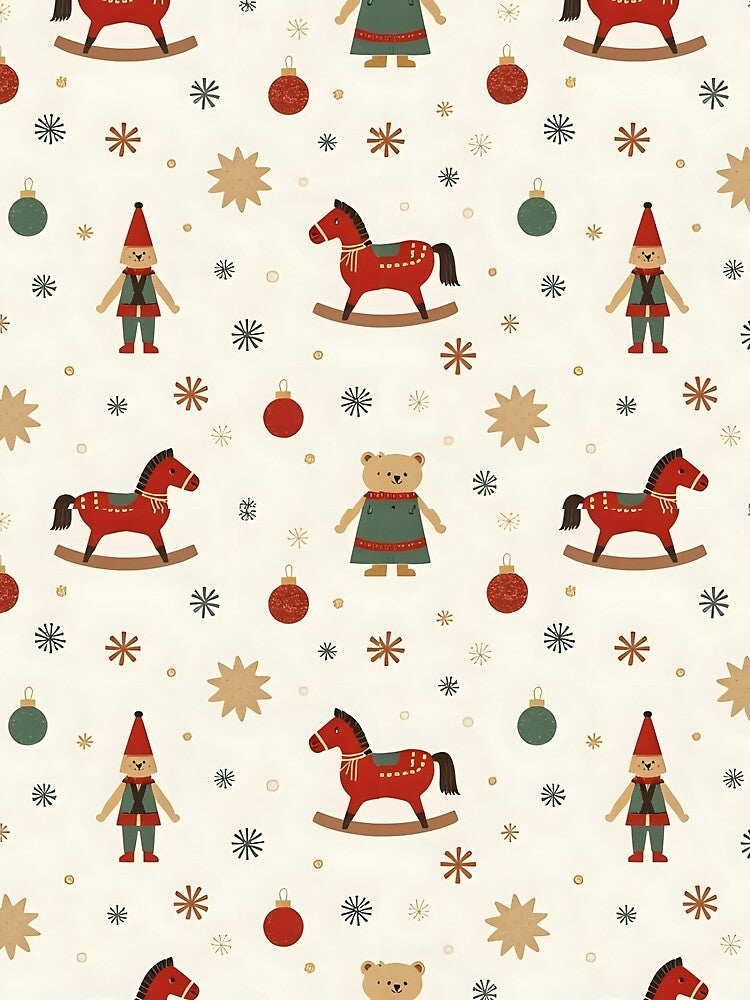 Vintage Christmas Toys Pattern – Rocking Horse, Bear & Elf Retro Holiday Design by HANG ON STUDIO