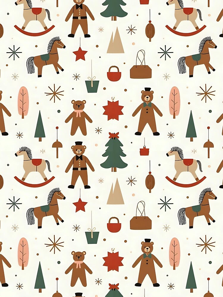 Vintage Christmas Toy Pattern – Retro Bears, Horses & Holiday Decor by HANG ON STUDIO
