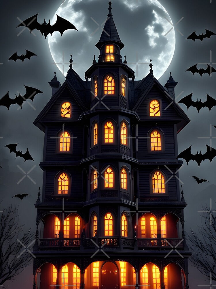Scary Halloween house with bats and a big moon by Casanova7000