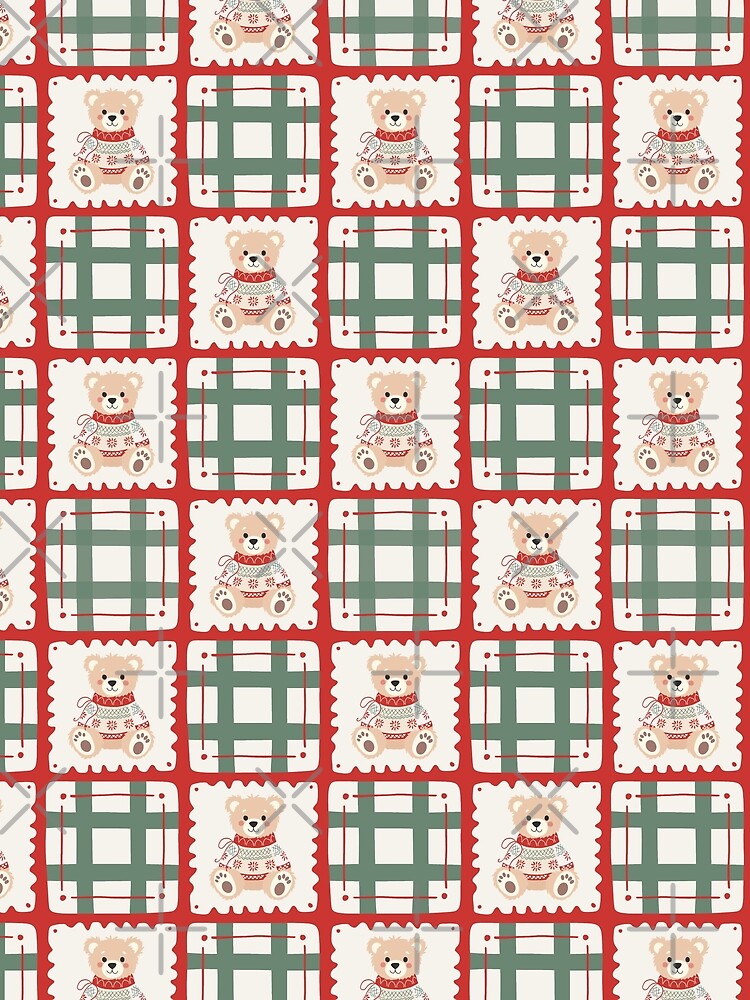 Christmas teddy bear vector seamless plaid tartan repeat pattern for blankets by Retro Street Studios