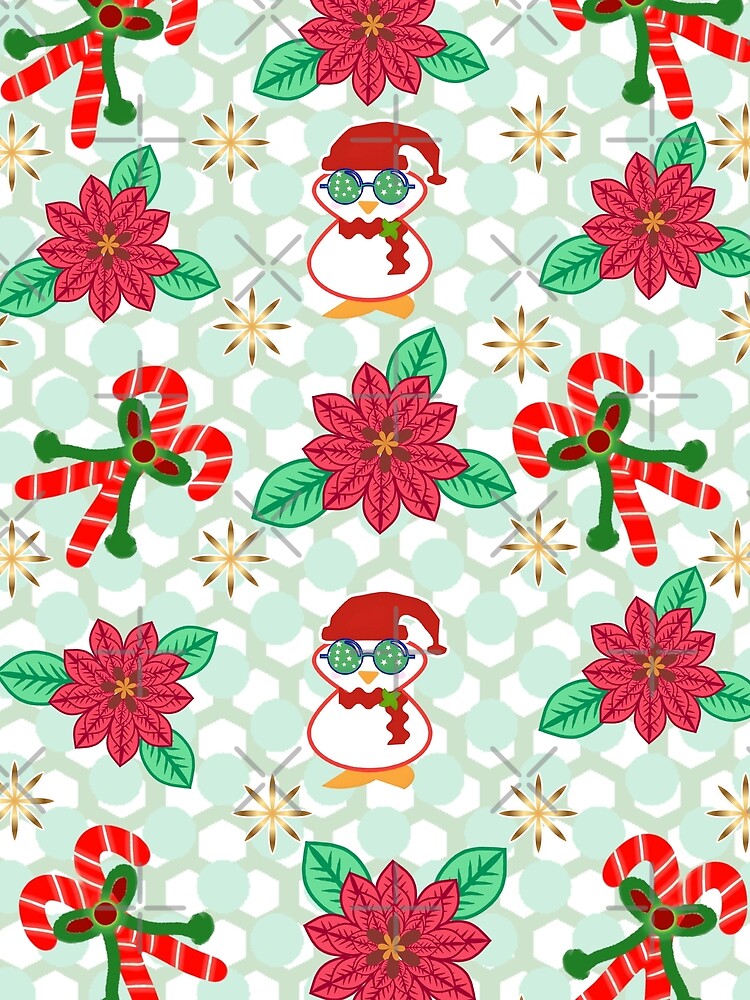 Cute Christmas Penguin Pattern with Poinsettia, Candy Canes & Holiday Ornaments by HopeAndHustle