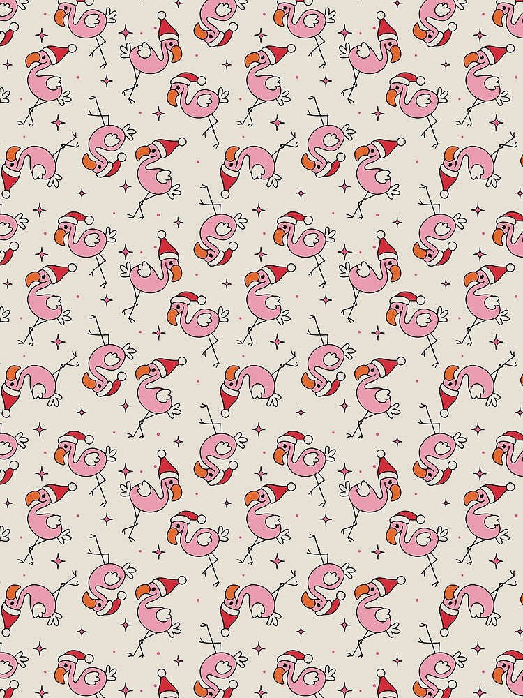 Christmas Flamingos Wearing Santa Hats on Cream by Woggy-Doodles-