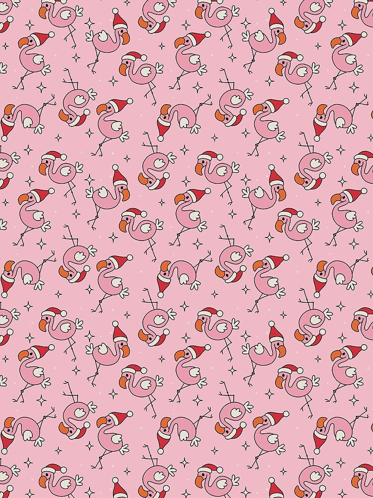 Christmas Flamingos Wearing Santa Hats on Pink by Woggy-Doodles-