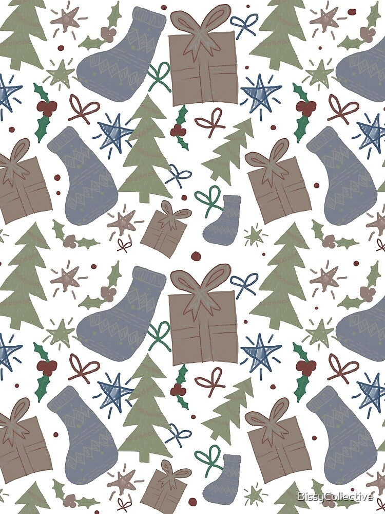 Muted Christmas Pattern // Christmas Trees, Gift Box, Stockings, Stars, Bows, Holly by BissyCollective