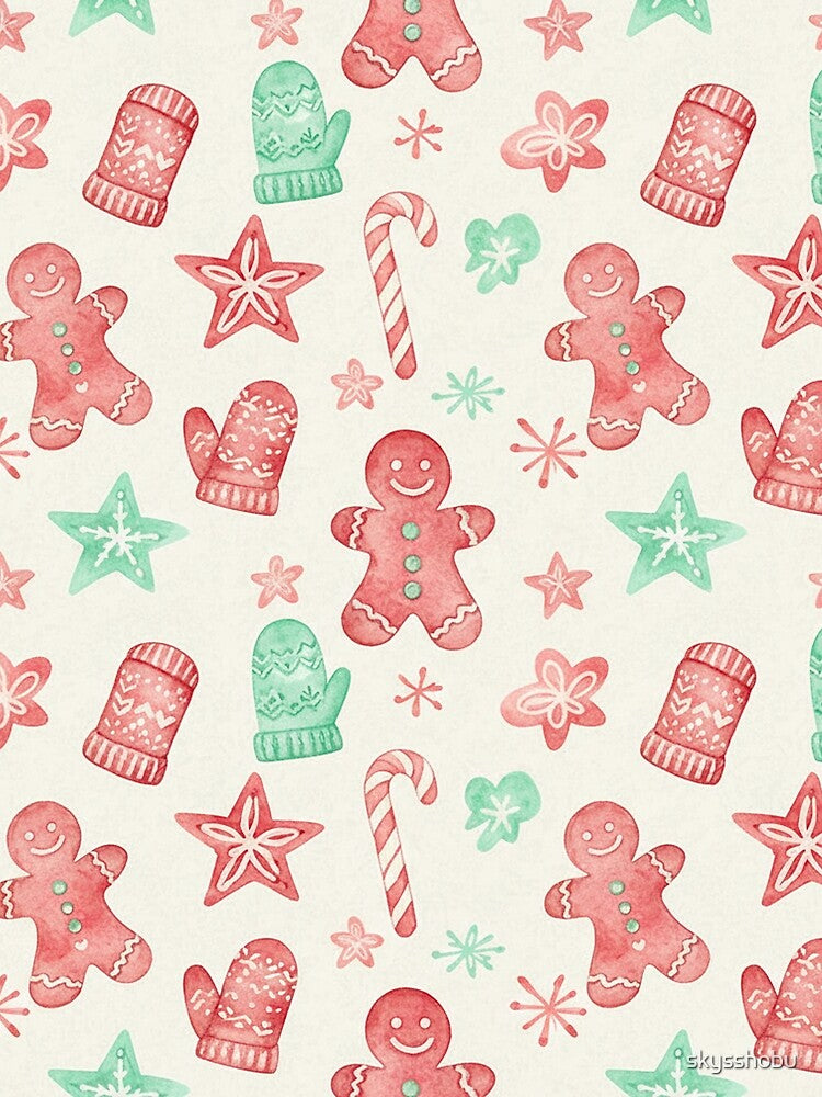 Cute Watercolor Christmas Icons Pattern | Gingerbread, Candy Canes & Snowflakes | Cozy Scandinavian Holiday Design by skysshobu