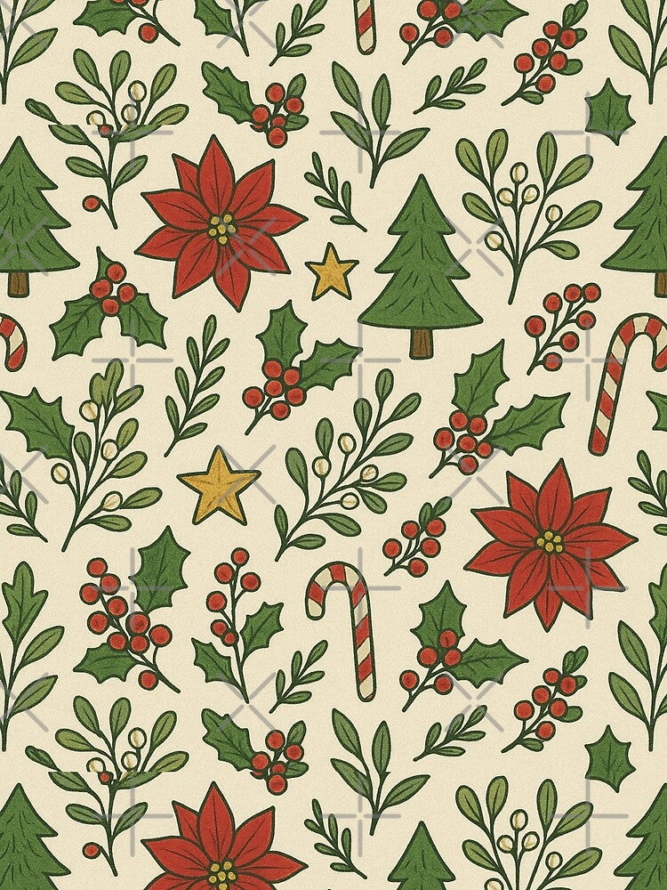 Cute Christmas Seamless Pattern – Holiday Trees, Poinsettia, Holly & Candy Canes by Sksticker991
