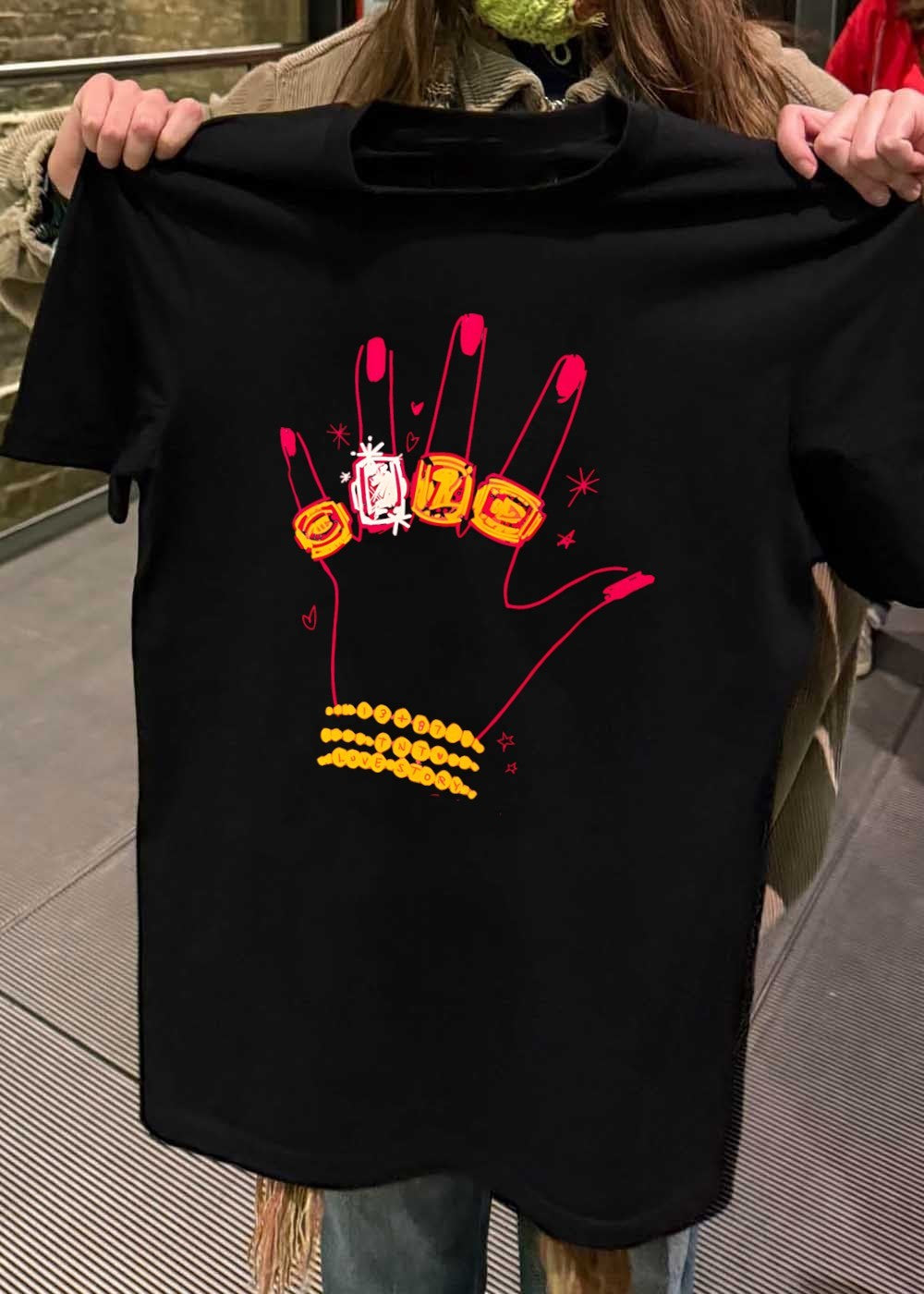 Hand Wearing Rings and Bracelets 13 + 87 TNT Love Story T-Shirt