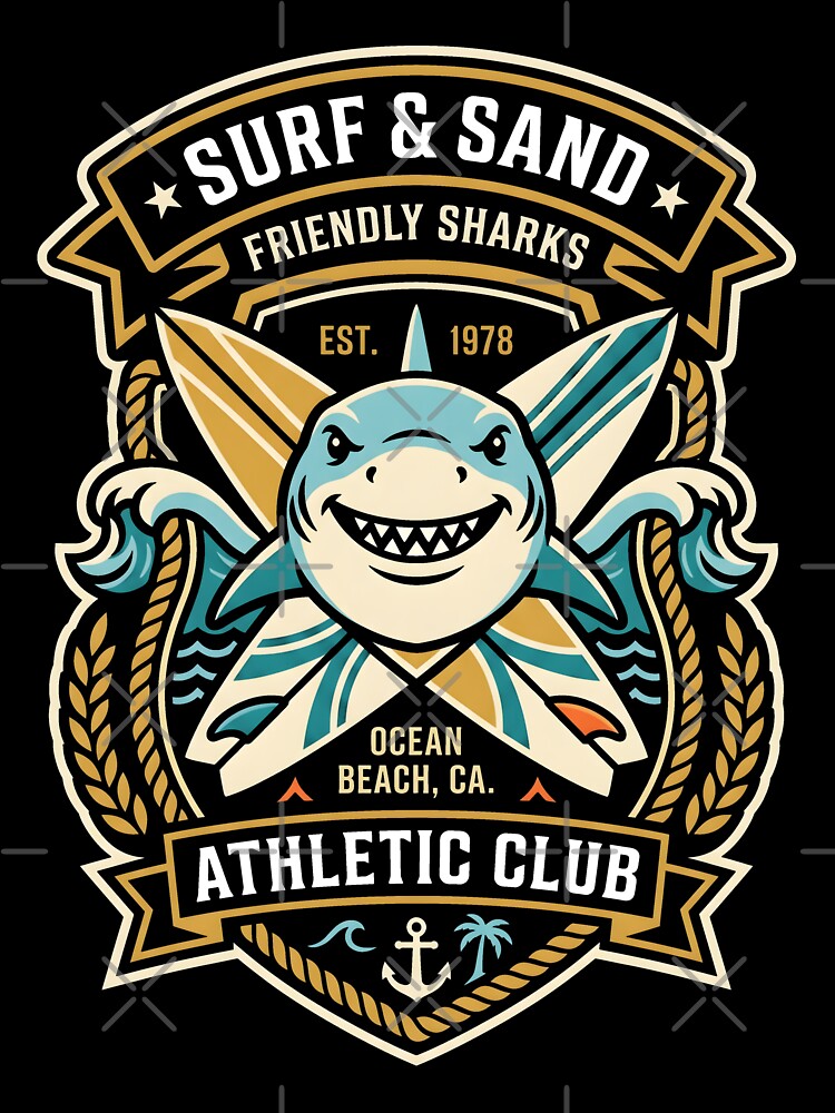 Retro Surf & Sand Friendly Sharks Ocean Beach Athletic Club Design by SplashTastic