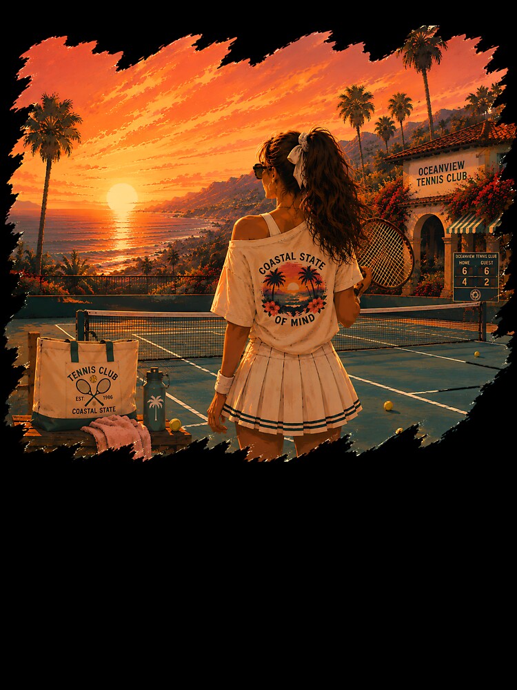Retro Tennis Sunset Aesthetic | Coastal State Of Mind Vintage Sports Art by Digital Culture Studio