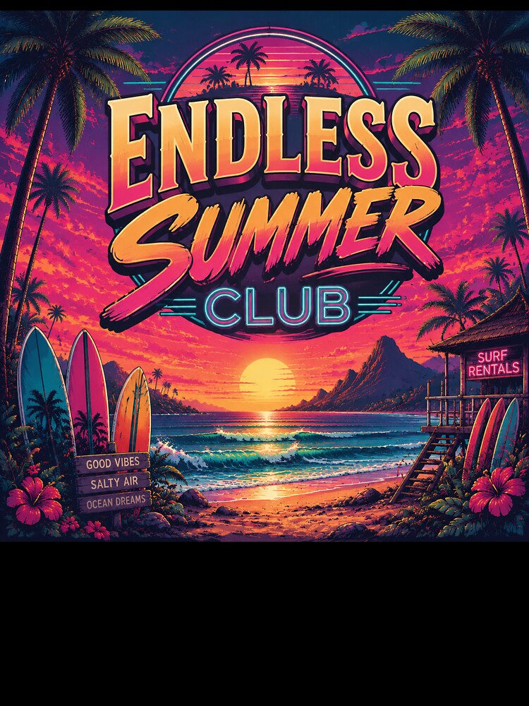 Endless Summer Surf Club Retro Neon Beach Poster | Tropical Sunset Ocean Wall Art Print by FestivityFinds