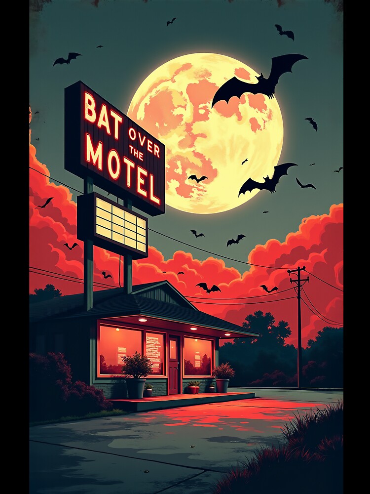 Bats Over the Motel – Vintage Horror Poster by Klysztof