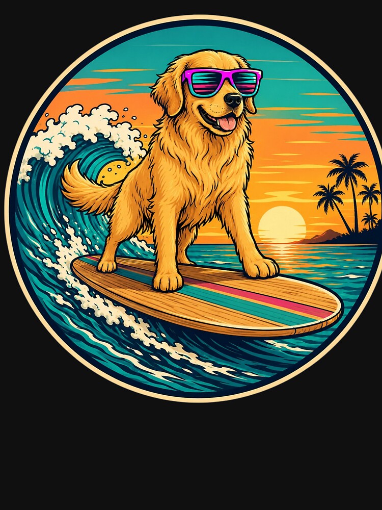 Golden Retriever Surf Club | Retro Sunset Surfing Dog Sticker by Timeless Junction