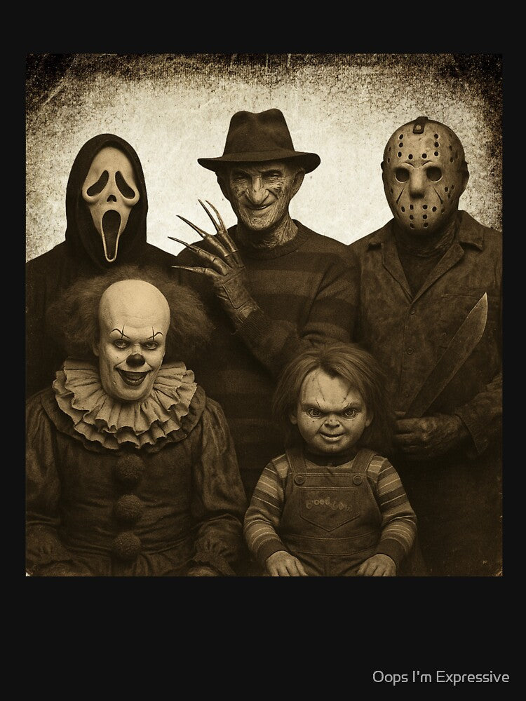 Vintage Horror Villains Portrait – Ghostface, Freddy, Jason, Pennywise & Chucky by Oops I'm Expressive