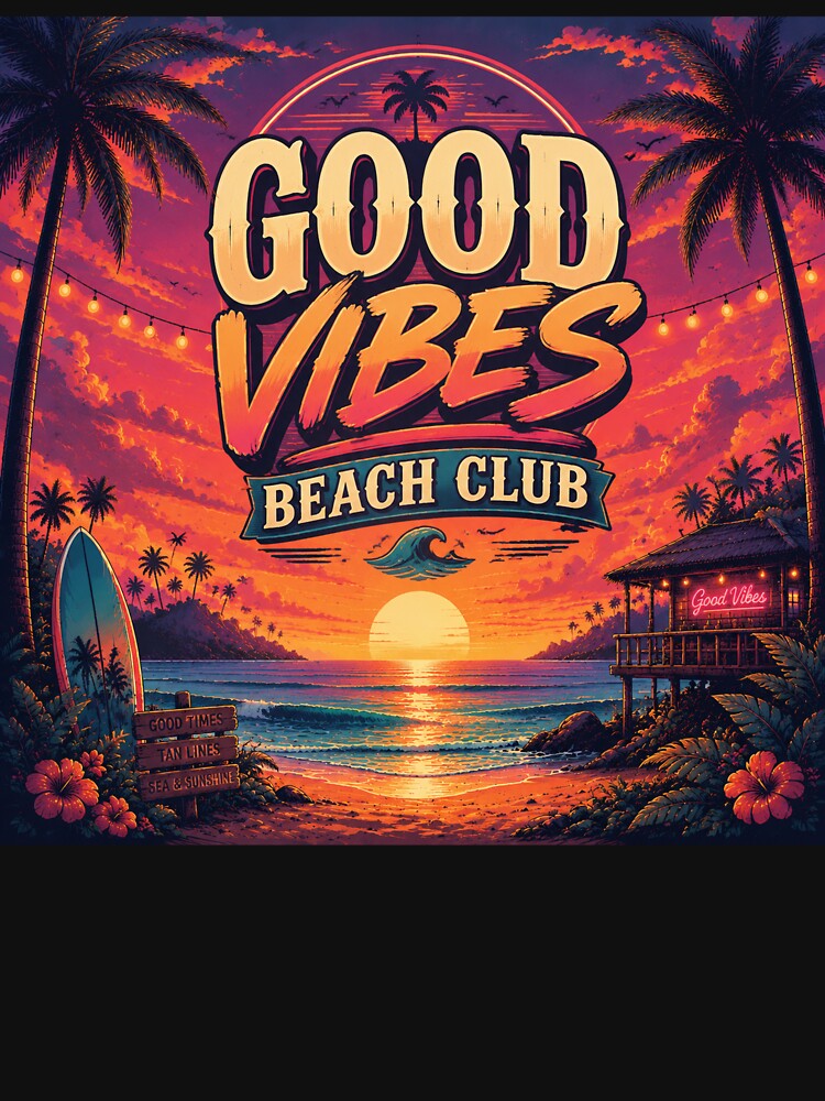 Good Vibes Beach Club Retro Tropical Sunset Poster | Surf Club Neon Ocean Wall Art Print by FestivityFinds
