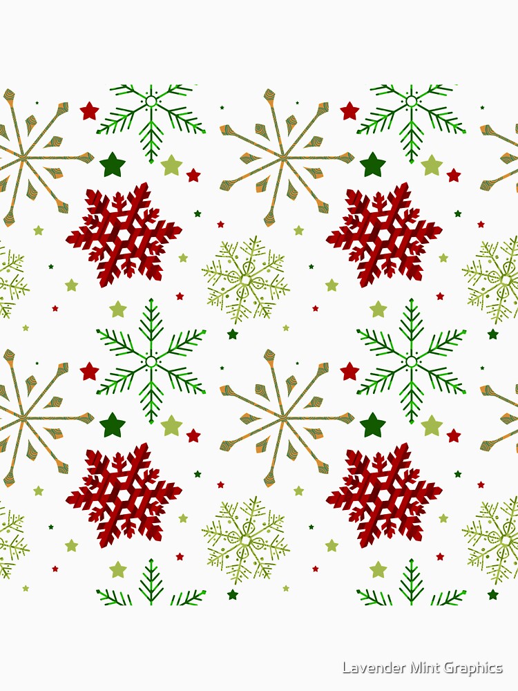 Christmas Snowflakes and Stars Pattern  // Red // Green // Gold by Lavender Mint Graphics