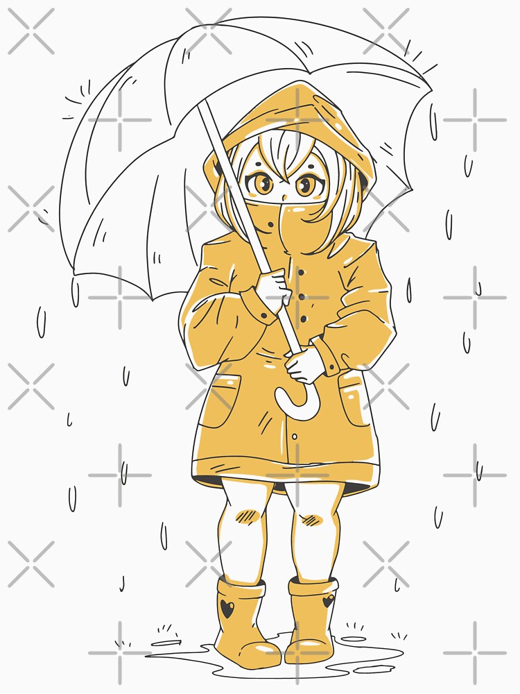 Cute anime Girl with wearing a yellow an Umbrella In the Rain Raining by DrawHandArt