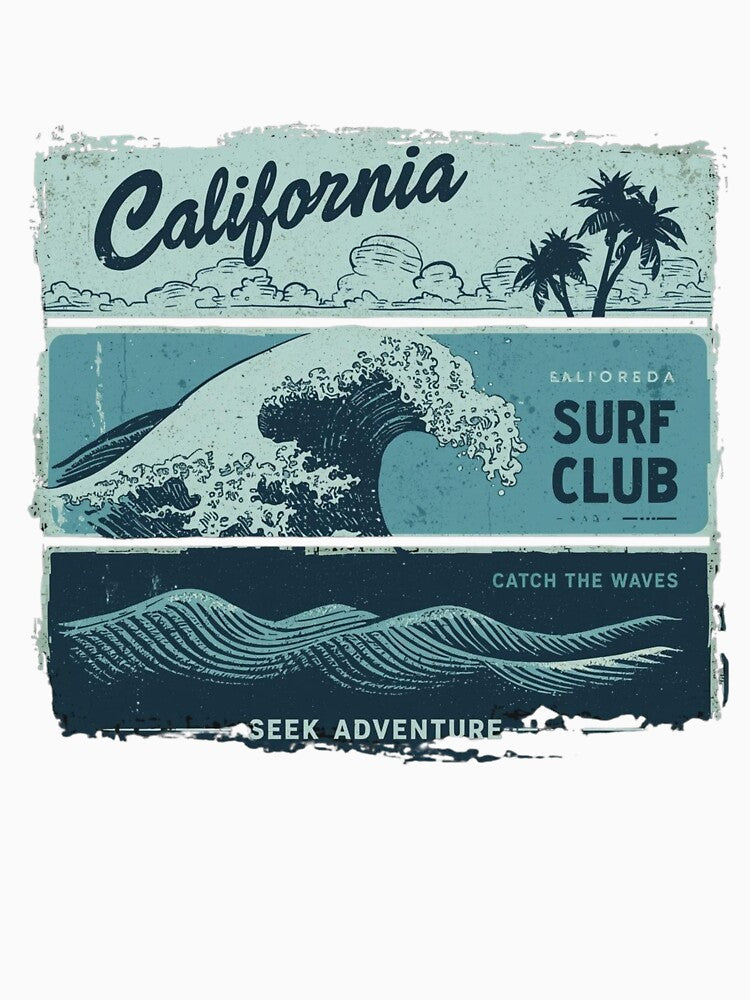 Vintage California Surf Club Graphic with Distressed Ocean Waves by PACS0011