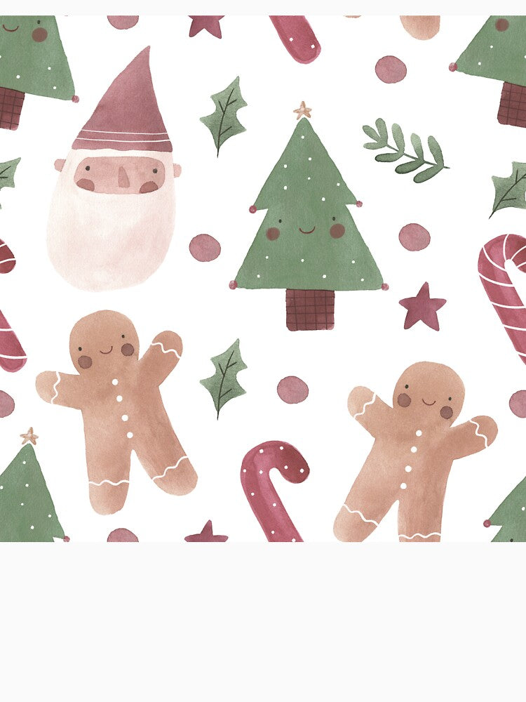 Minimalist Christmas Pattern — Gingerbread, Santa & Trees Watercolor Art by LuckyStarShop7