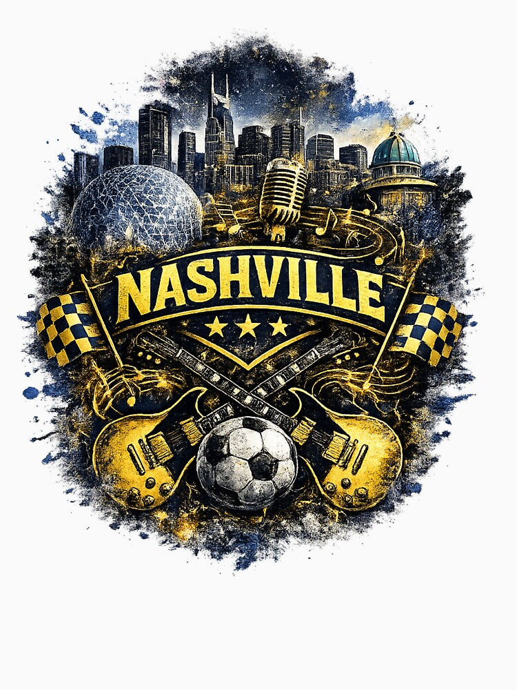 Nashville Soccer Crest Design – Music City Football Artwork, Guitar Sports Graphic, Nashville Fan Apparel, USA Soccer Design by GarnerSupplyCo