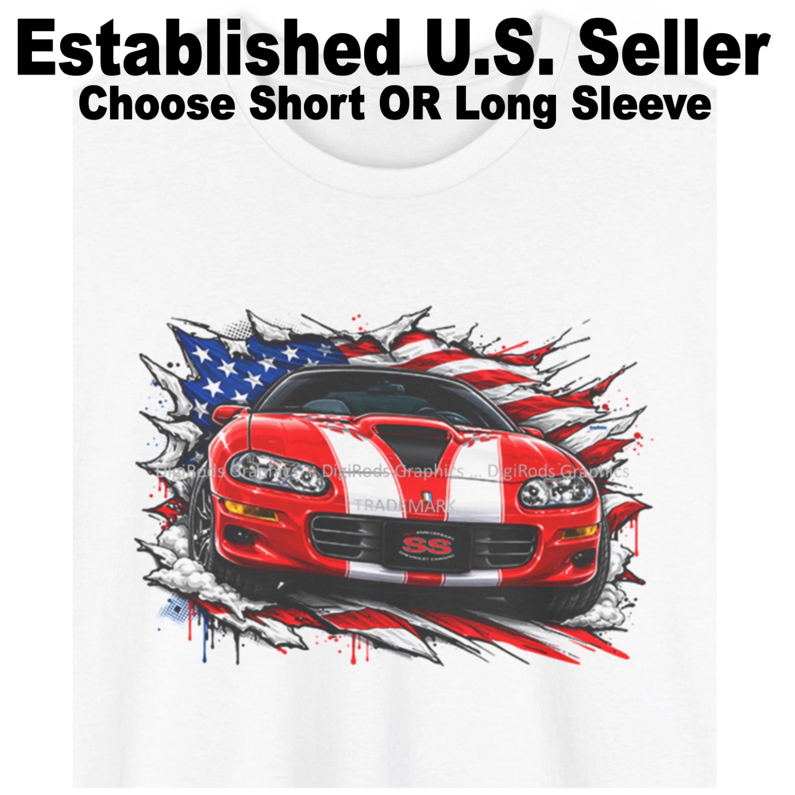 DigiRods Camaro SS 35th Anniversary 2002 Model American Flag Cartoon Car T Shirt
