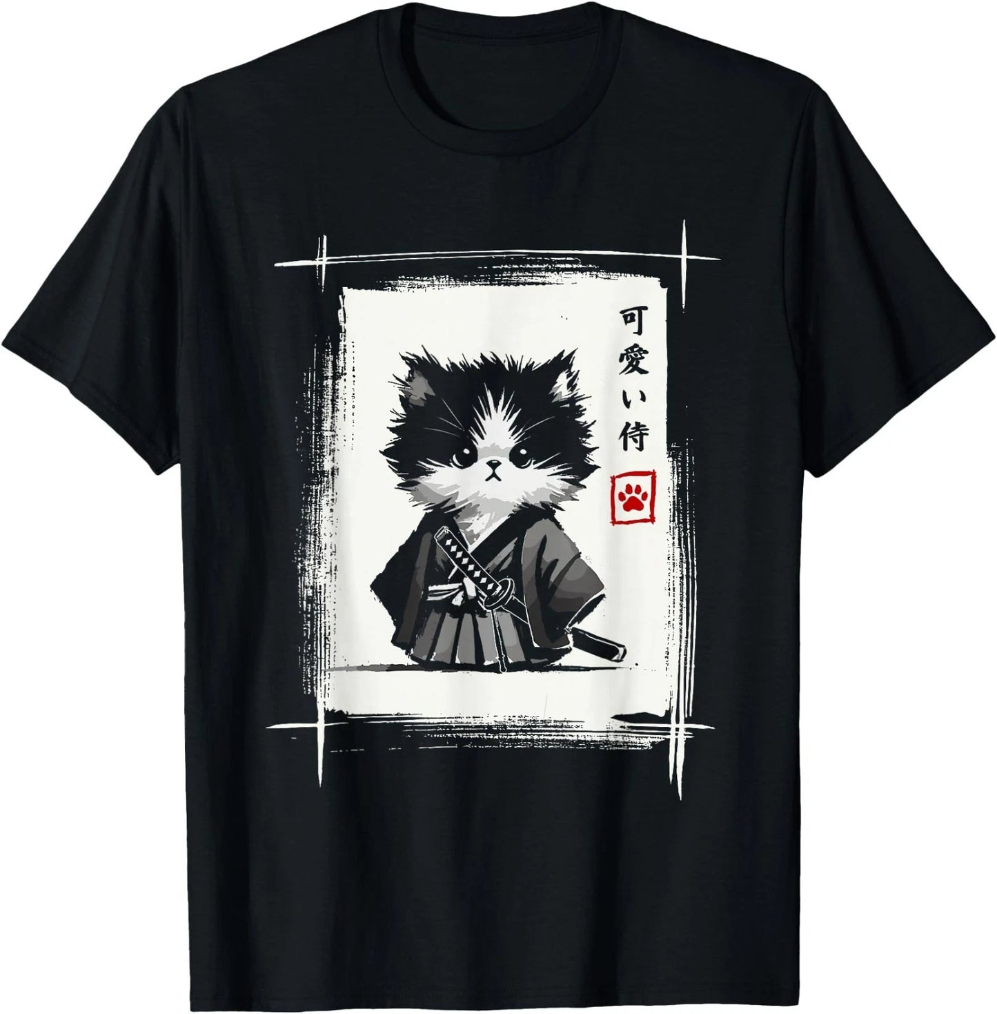 Samurai Cat Japanese Art Sumi-e Novelty Kawaii Funny Cat T-Shirt