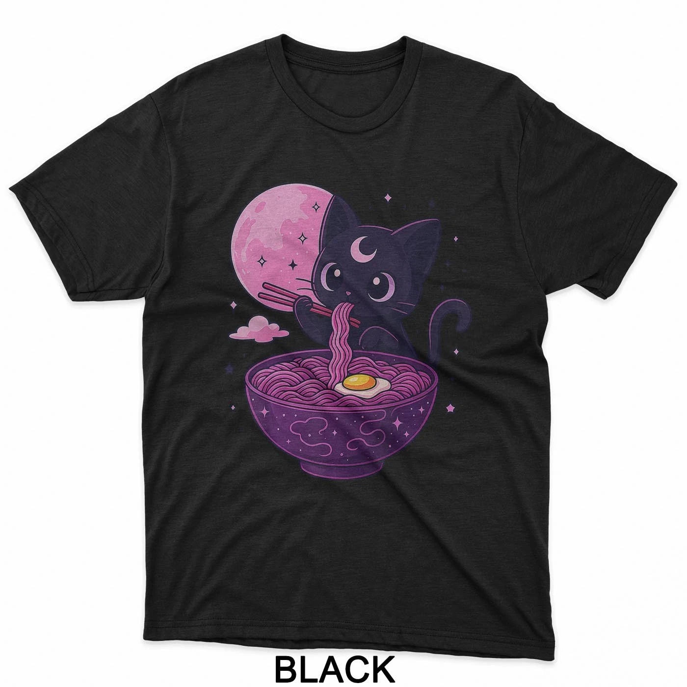Kawaii Pastel Goth Cat Eating Ramen Under Moon Japanese T-Shirt