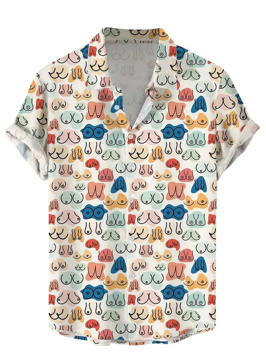 Mens Button Down Shirts Funny Boobs Printed Hawaiian Tops Novelty Ugly Gag Gifts