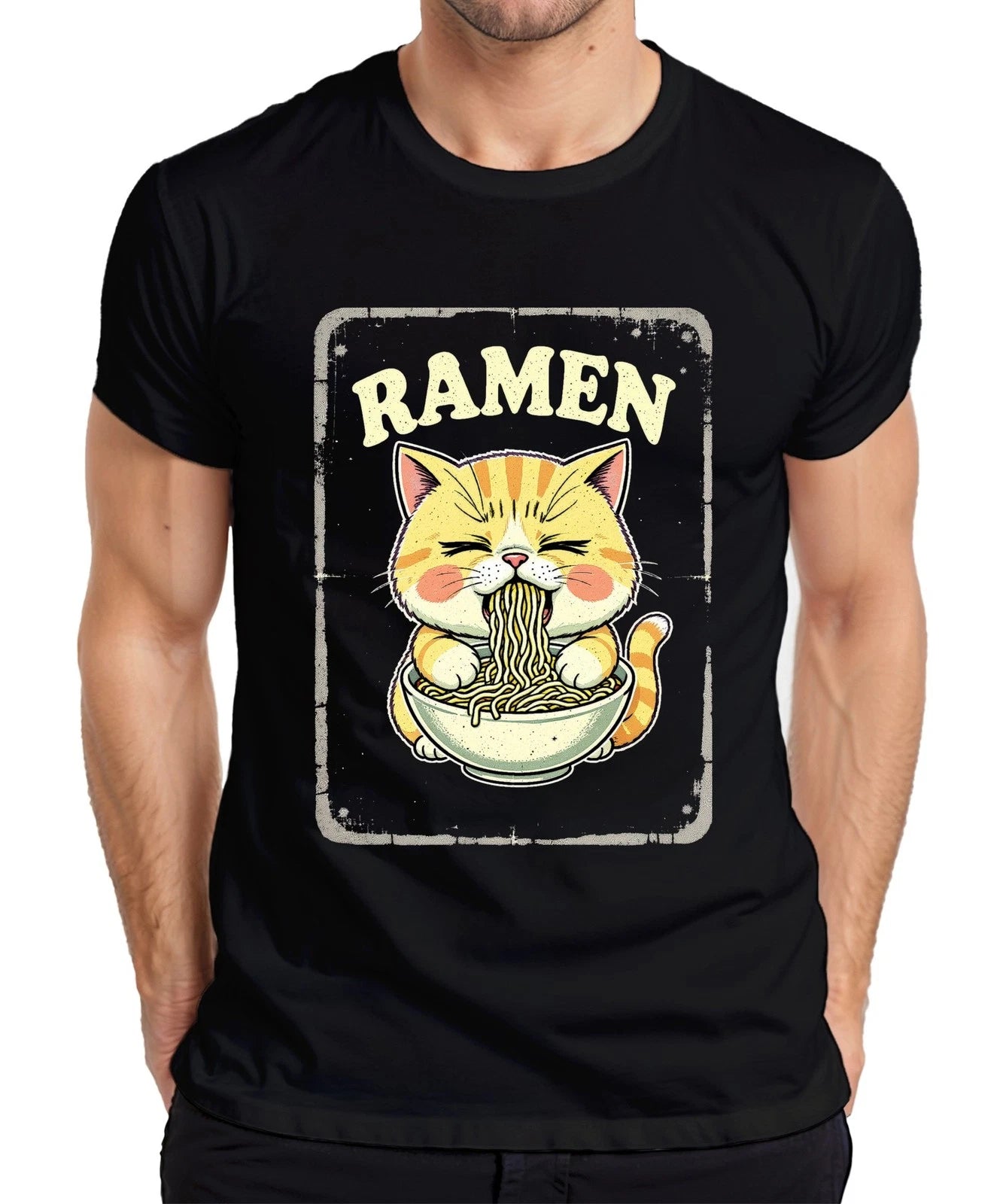 Ramen Cat Noodle Soup Kawaii Gift Retro Vintage Mens T-Shirt