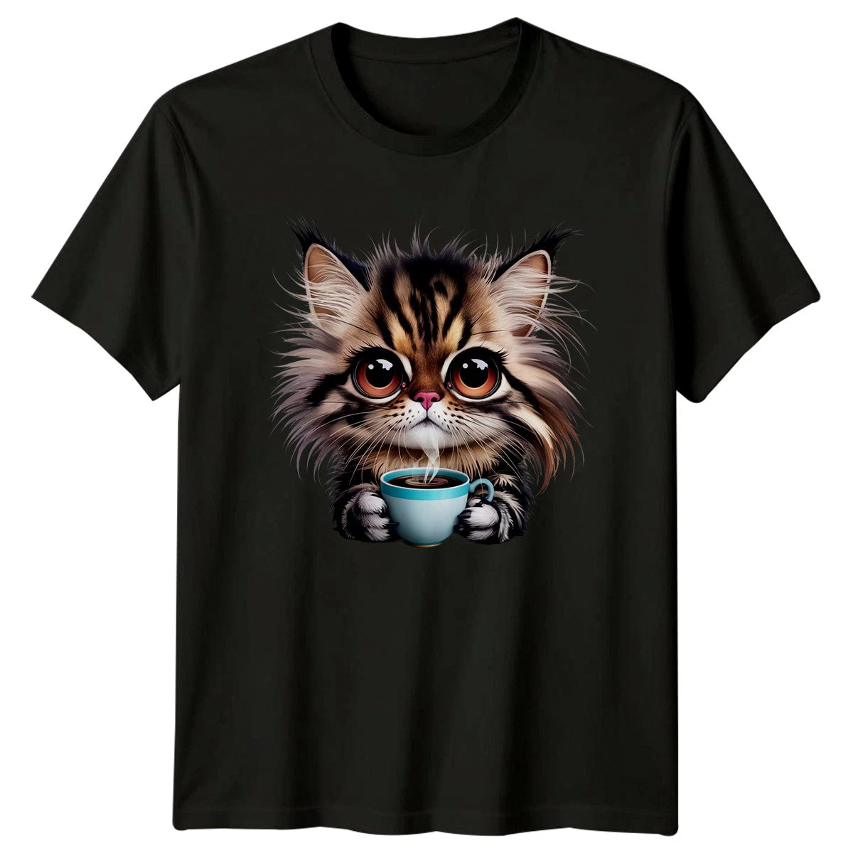 Adorable Fluffy Kitten Sipping Hot Womens T-Shirt Kawaii Animals Cat Lover