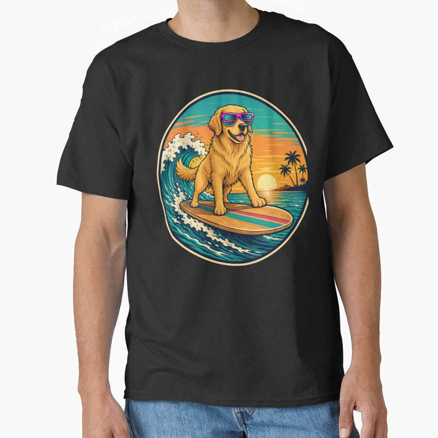 Golden Retriever Surf Club | Retro Sunset Surfing Dog Sticker by Timeless Junction