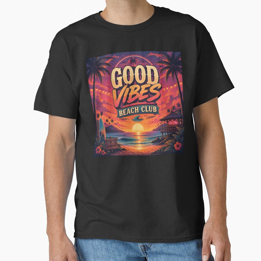 Good Vibes Beach Club Retro Tropical Sunset Poster | Surf Club Neon Ocean Wall Art Print by FestivityFinds