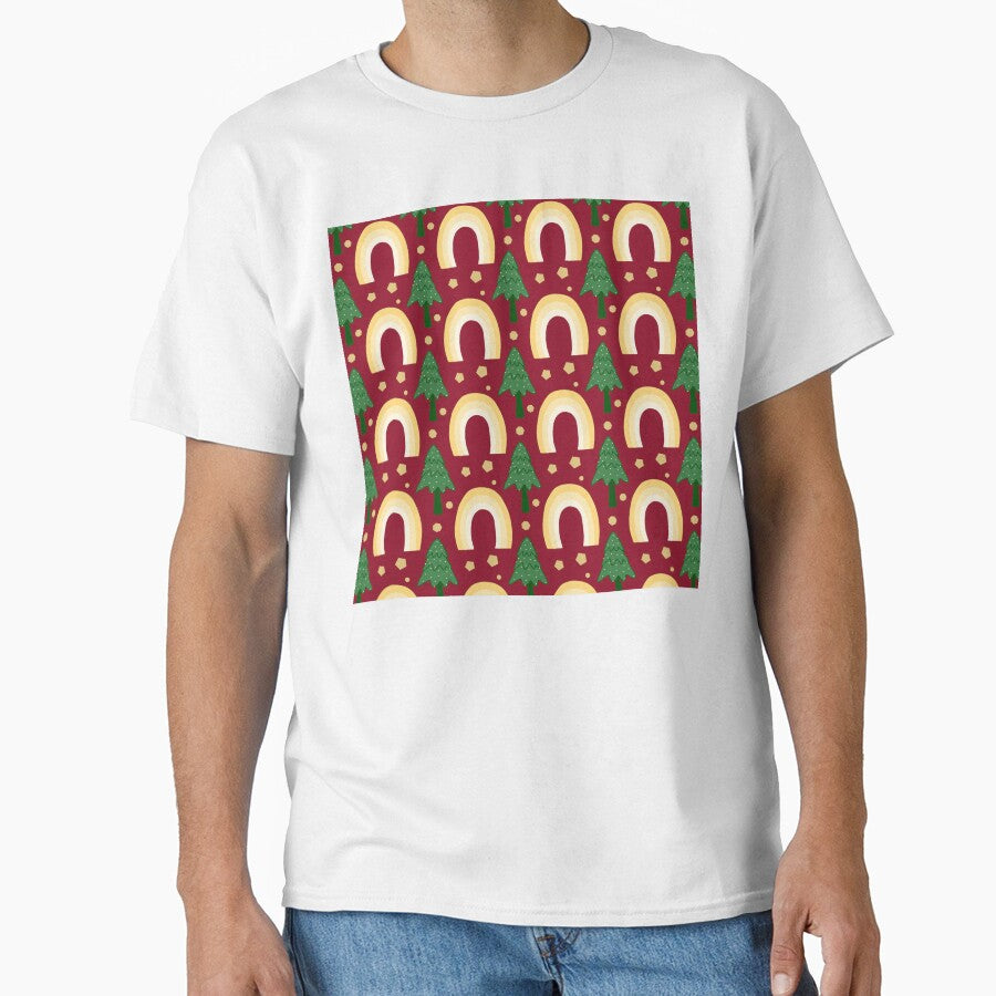 Yellow Rainbow & Christmas Tree Pattern on Red Background by Teenidesign